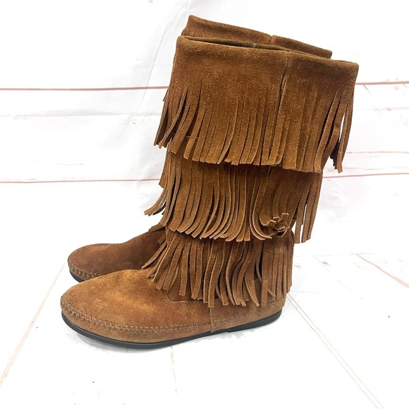 Minnetonka Boho Festival Leather Suede 3 Layer Fringe Moccasin Boots - Picture 3 of 9